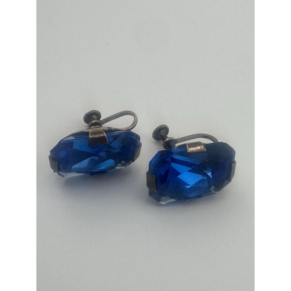 Vtg Sterling Silver Cobalt Blue Faceted Glass Earrings Art Deco Screw Back